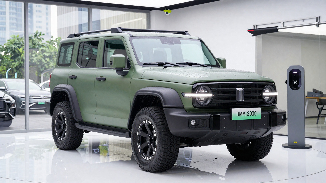 Carro SUV verde militar estacionado em showroom moderno com tomada para recarga elétrica ao lado.