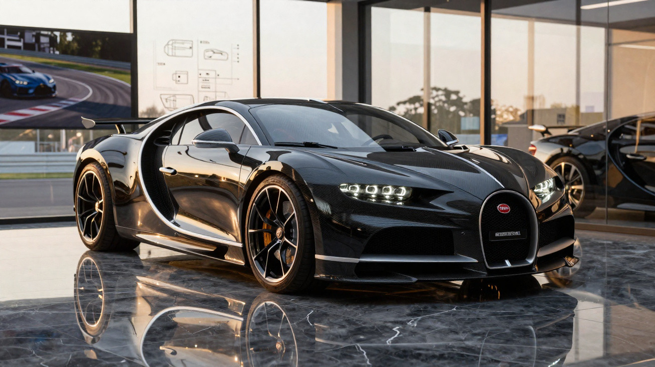 Carro esportivo preto Bugatti Chiron exibido em salão com piso refletivo e paredes de vidro.