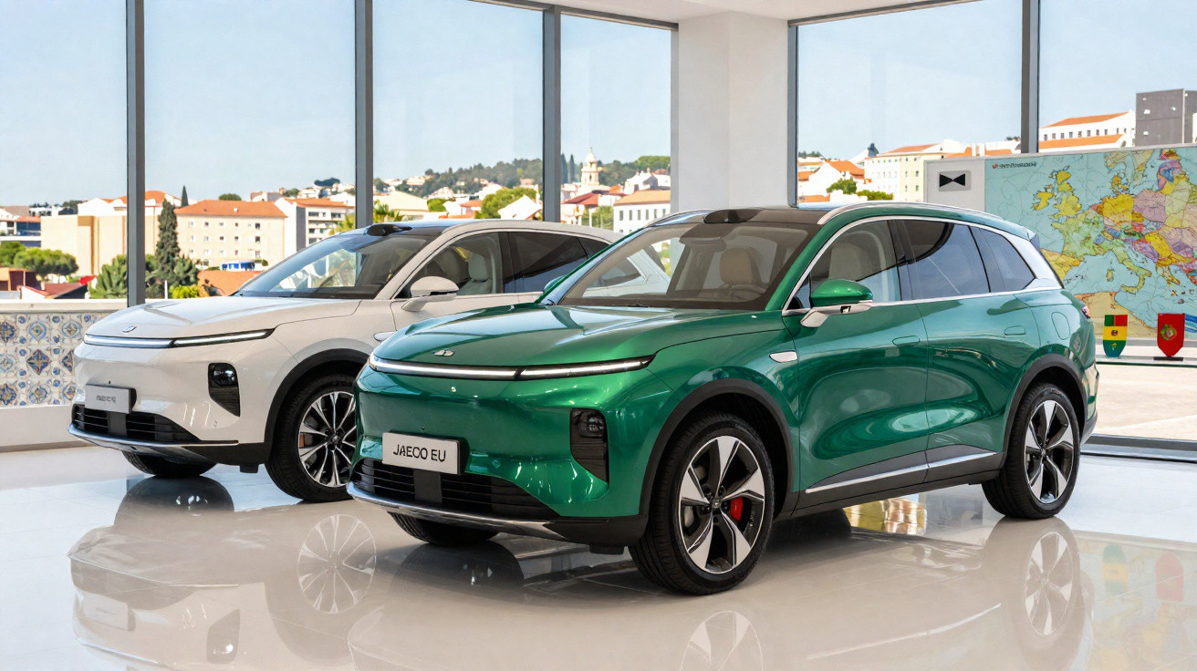 Dois SUVs elétricos modernos, um verde e um branco, expostos em showroom com paredes de vidro e vista urbana.
