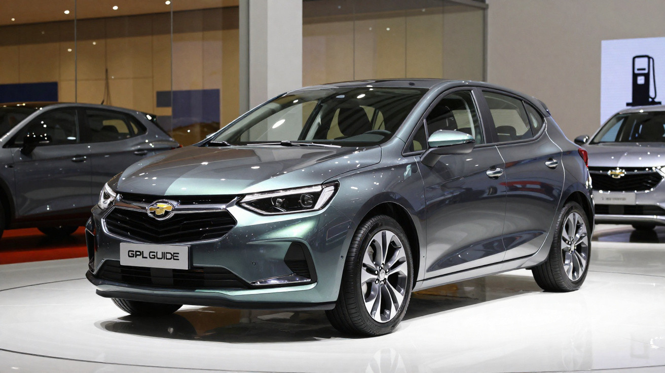 Carro hatch cinza metálico da Chevrolet exposto em salão automotivo, com iluminação interna.