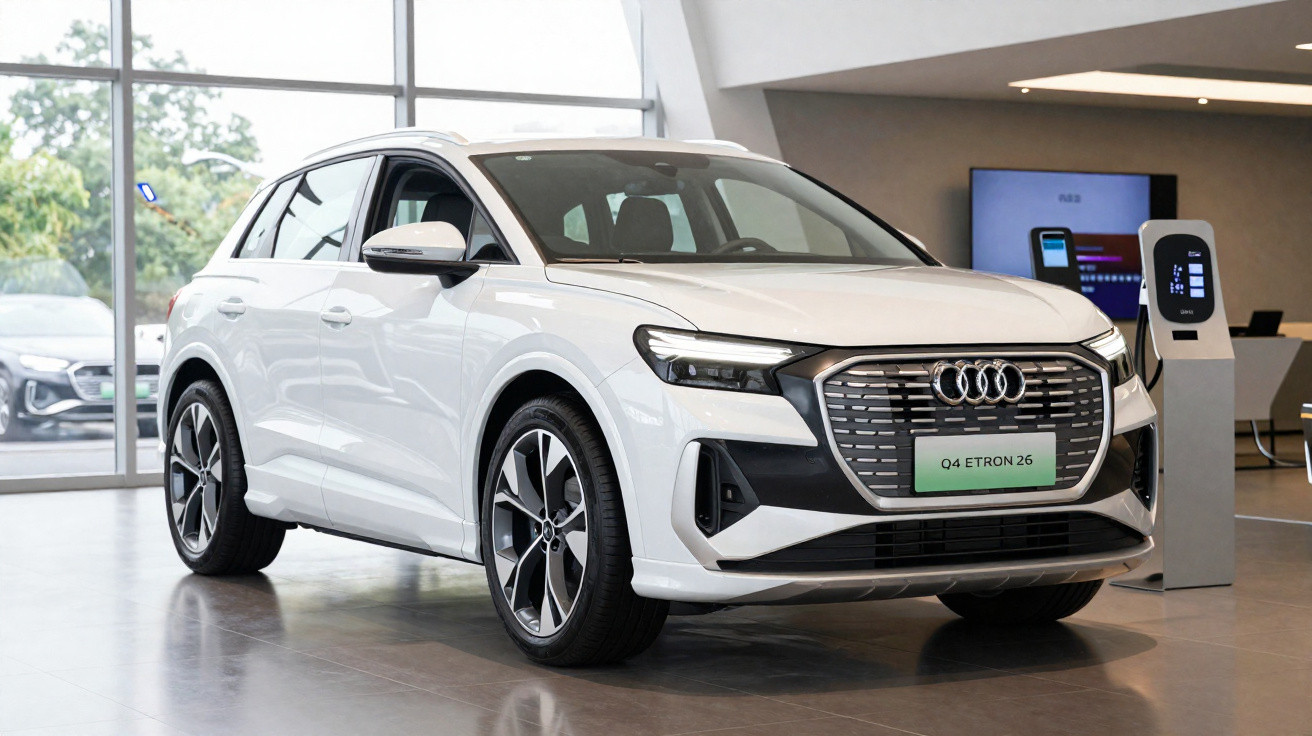 Carro elétrico Audi Q4 E-Tron branco exposto em showroom moderno com tomadas de carregamento elétrico.