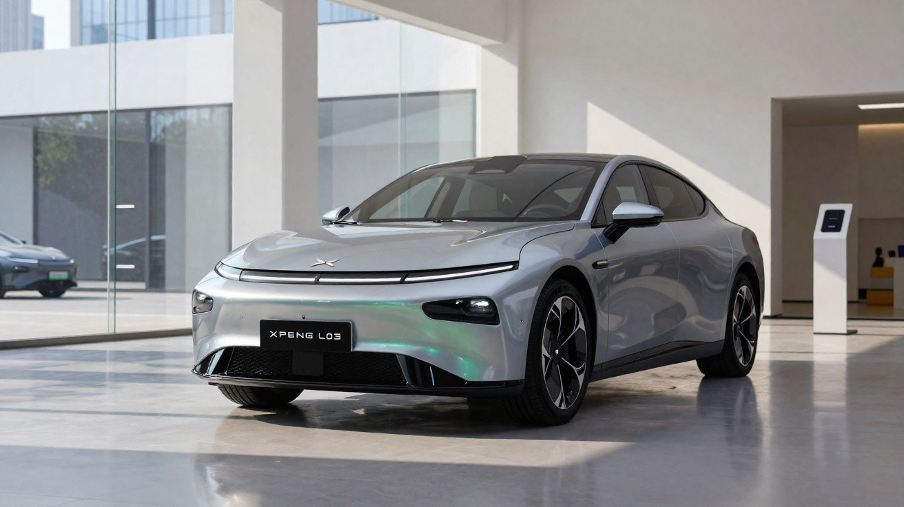 Carro elétrico cinza XPeng L03 exibido em showroom moderno com vidro e piso brilhante.