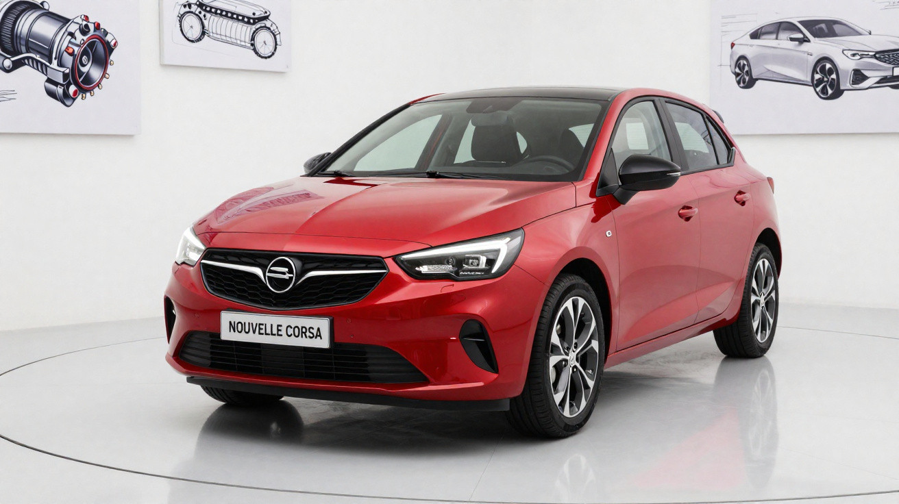Carro hatchback vermelho Opel Nouvelle Corsa exibido em estúdio com iluminação branca.
