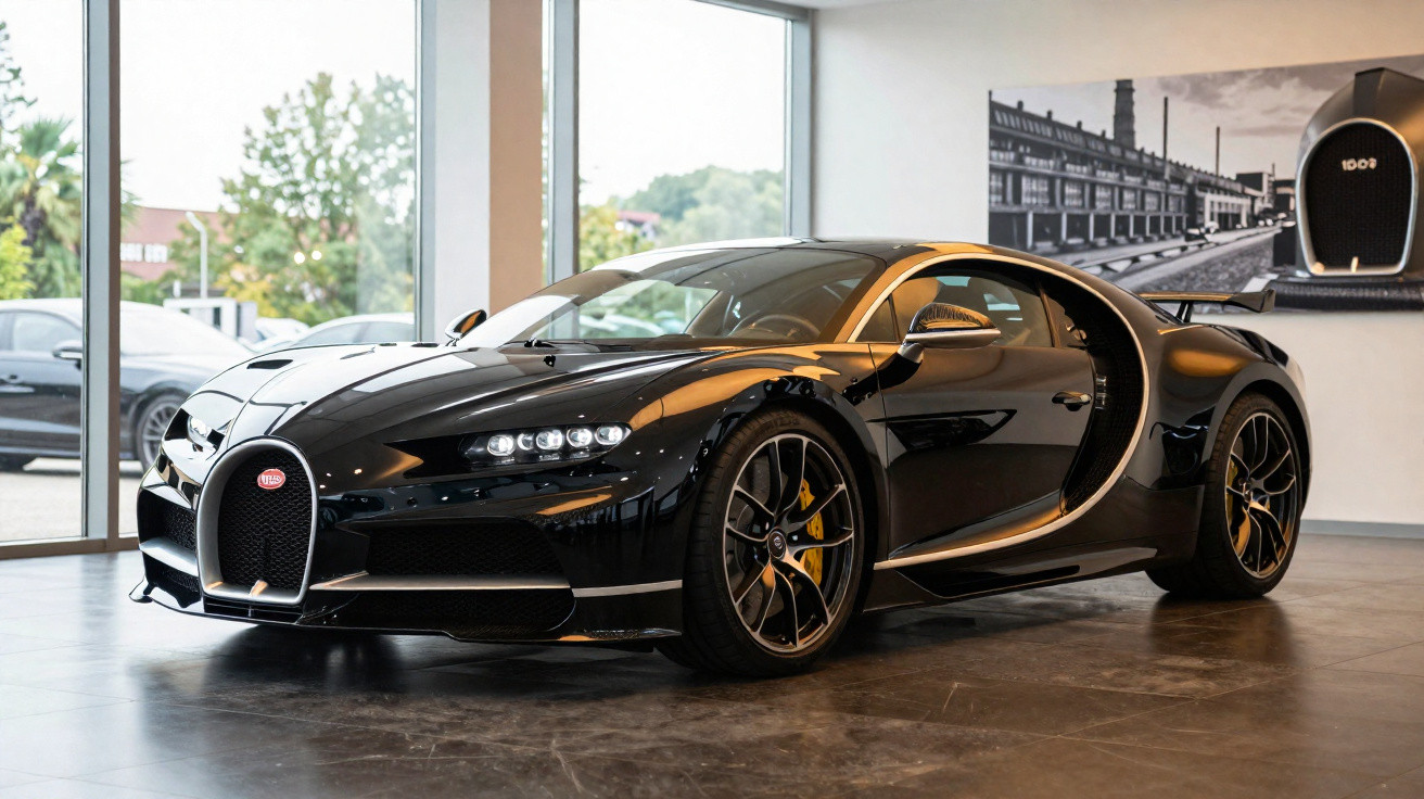 Carro esportivo Bugatti Chiron preto estacionado em ambiente interno com janela ao fundo.