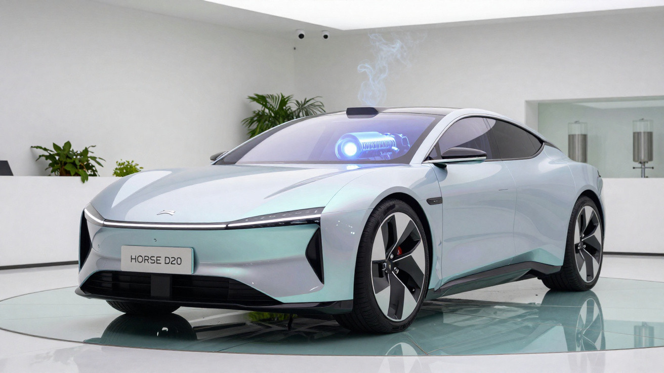 Carro elétrico futurista prata modelo Horse D20 em ambiente interno minimalista, com luz azul no capô.