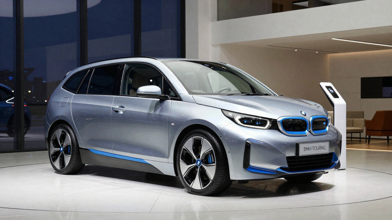 Carro elétrico BMW iX1 prata em exposição interna com detalhes em azul e rodas esportivas.