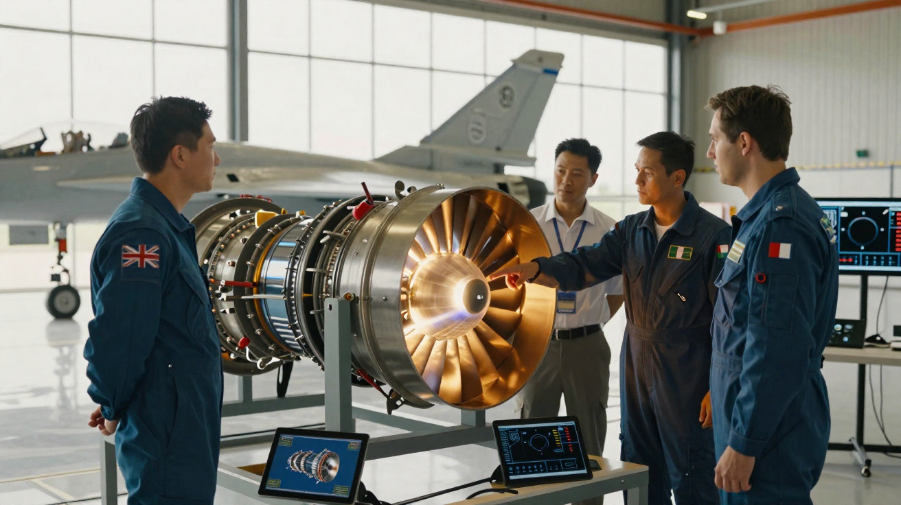 Quatro engenheiros analisam motor de avião em hangar, com avião ao fundo e telas digitais na mesa.