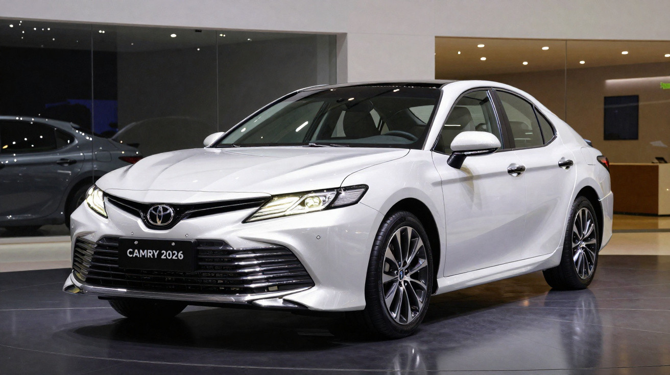 Carro sedã Toyota Camry 2026 branco em exposição com faróis ligados em ambiente interno.