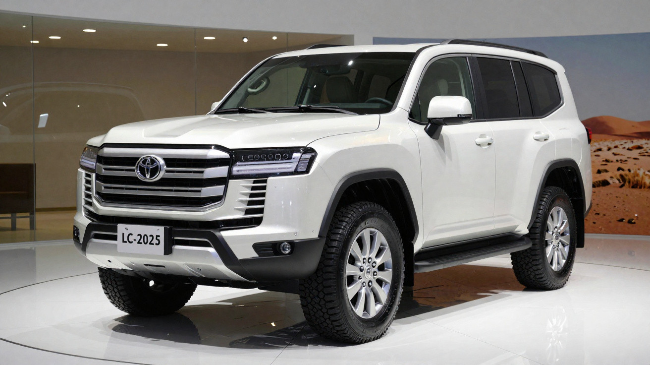 SUV branca Toyota Land Cruiser 2025 exposta em ambiente interno com design robusto e moderno.