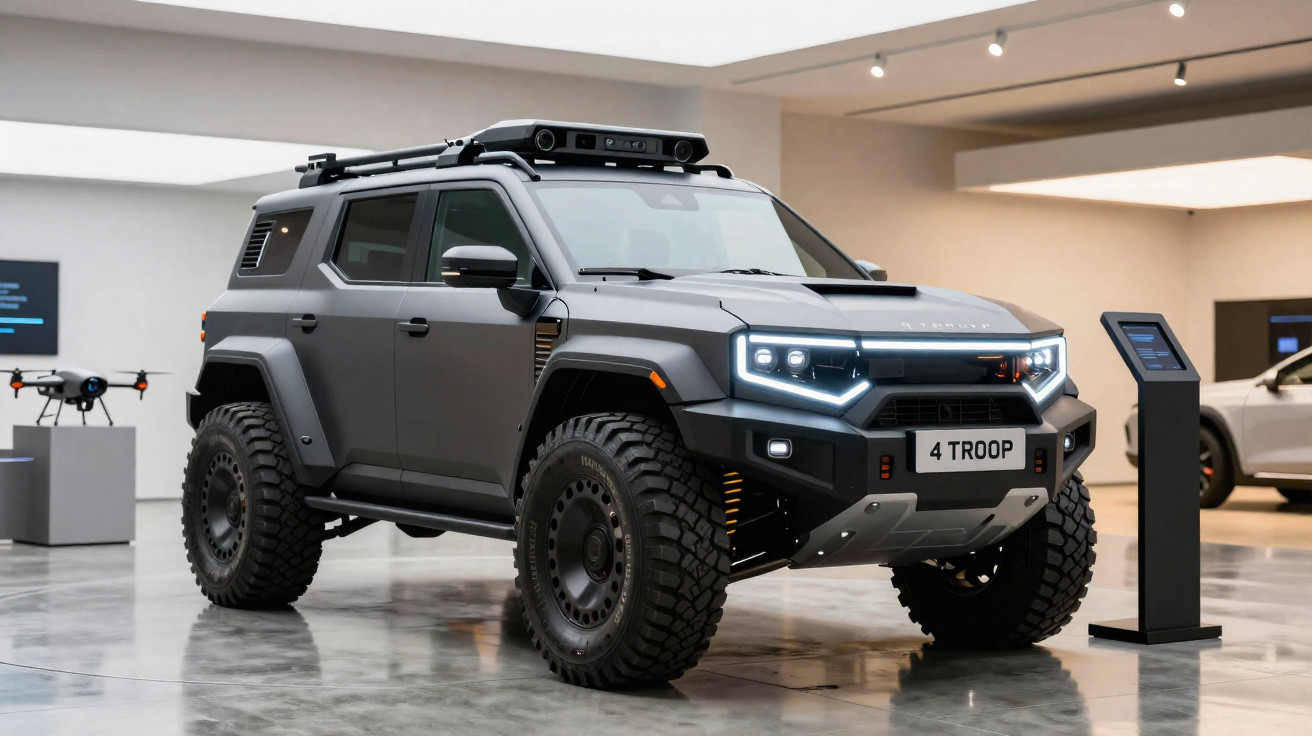 Veículo off-road cinza com pneus grandes exibido em showroom moderno e iluminado.
