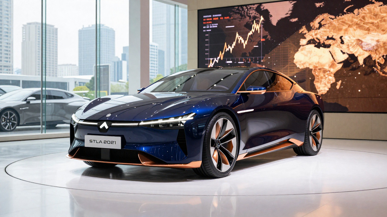 Carro elétrico conceito azul escuro em exposição, com gráfico financeiro e mapa mundi ao fundo.