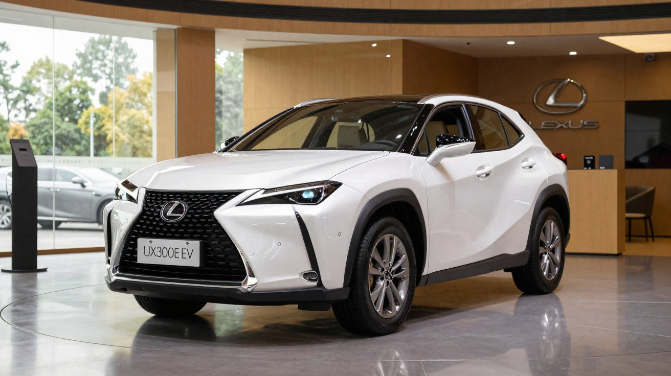 Lexus UX300e EV branco exibido em showroom moderno com logo da Lexus ao fundo.
