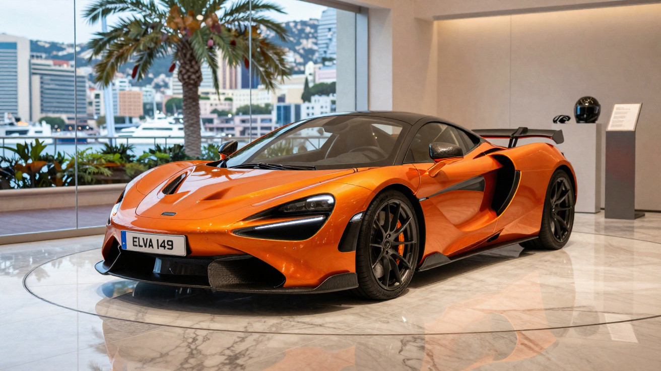 Carro esportivo laranja McLaren Elva 149 exibido em showroom com piso de mármore e janela panorâmica.