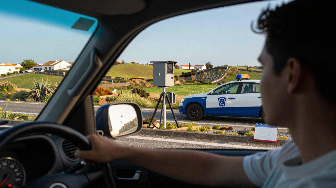 Motorista olhando para um radar de velocidade fixo próximo a viatura policial em estrada rural.