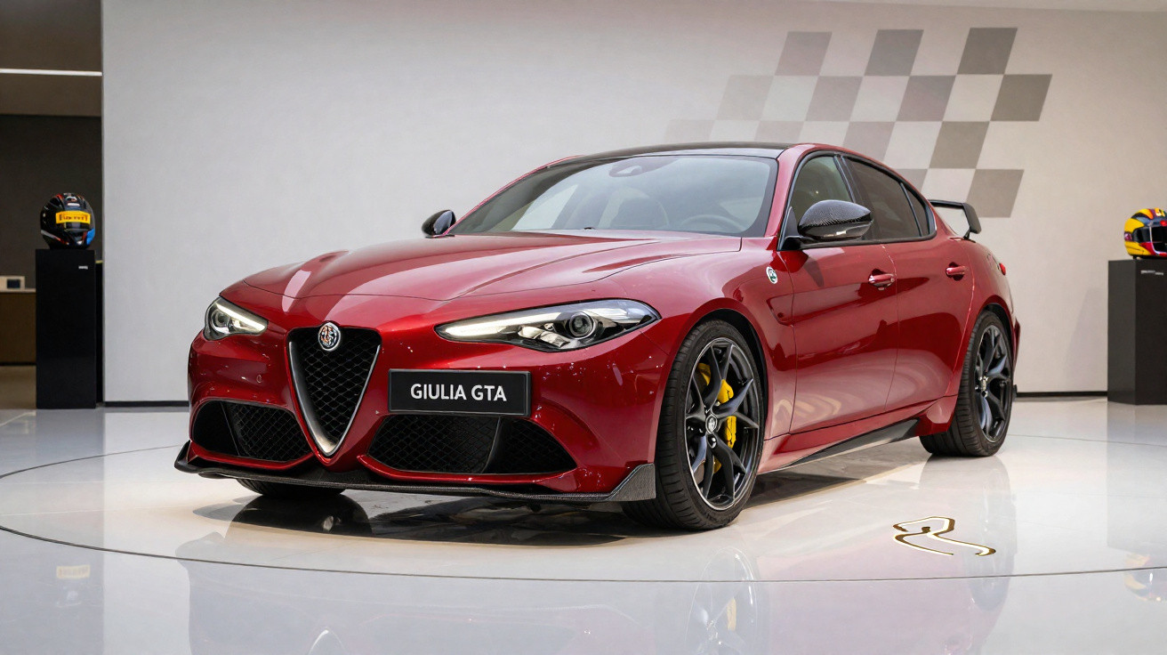 Carro esportivo Alfa Romeo Giulia GTA vermelho em exposição, visto de frente e lateral direita.