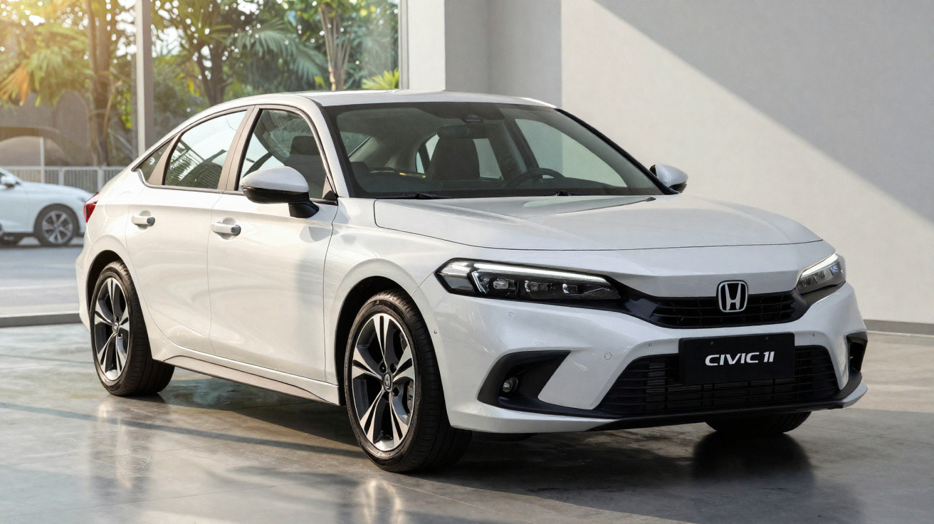 Carro sedan branco Honda Civic 11 estacionado em ambiente interno iluminado.