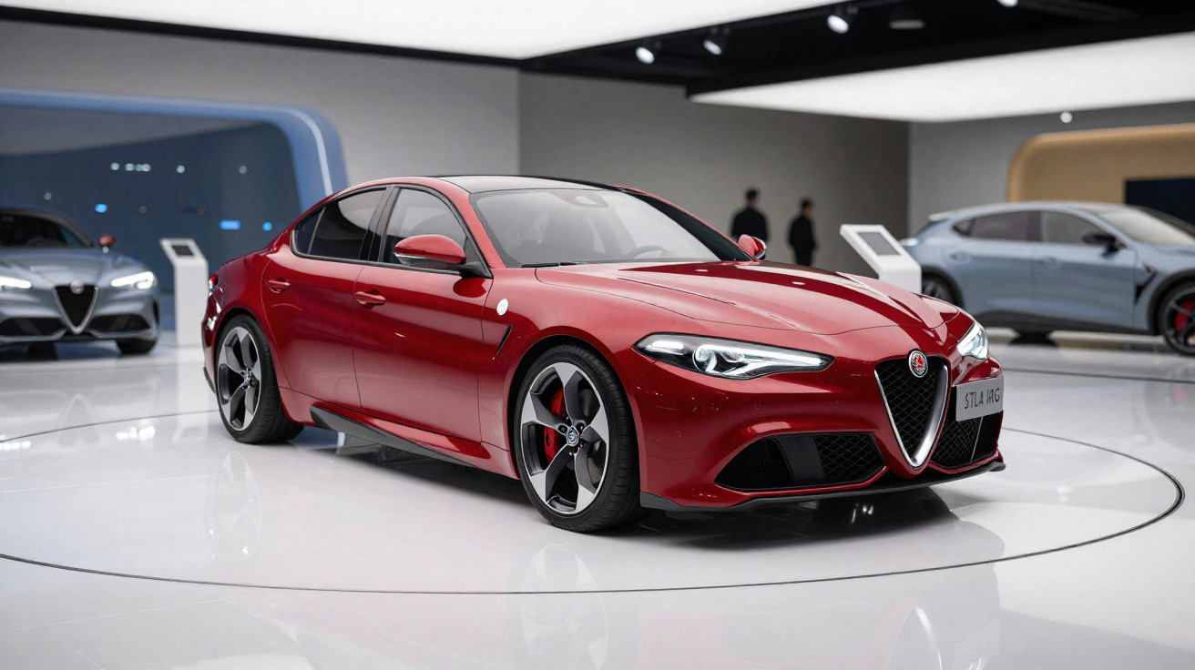 Carro esportivo Alfa Romeo Giulia vermelho em exposição interna com outro carro cinza ao fundo.