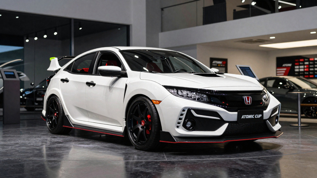 Carro esportivo branco Honda Civic Type R em exposição interna com detalhes em preto e vermelho.