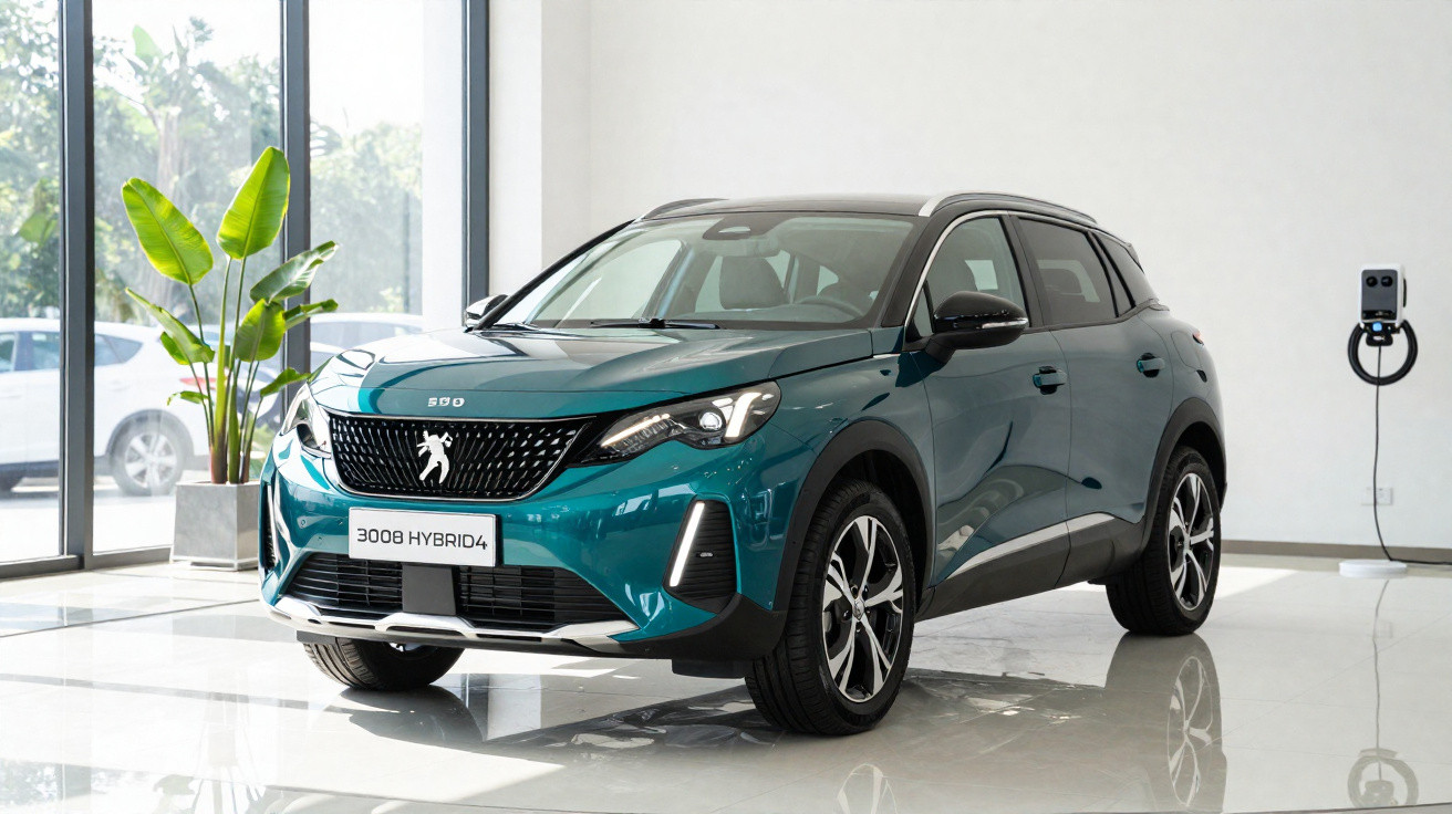 Carro SUV Peugeot 3008 Hybrid4 azul no showroom, com parede branca e planta ao fundo.