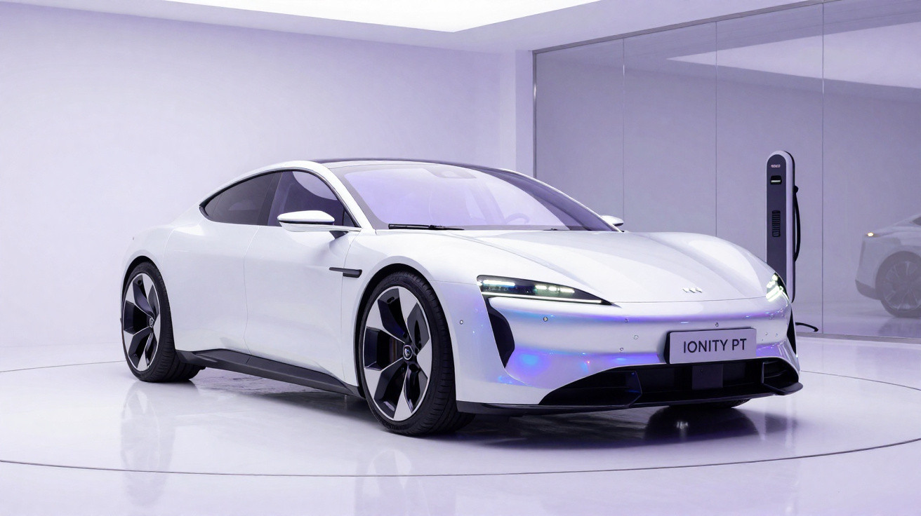 Carro elétrico esportivo branco em exposição, com design futurista e estação de carregamento ao fundo.