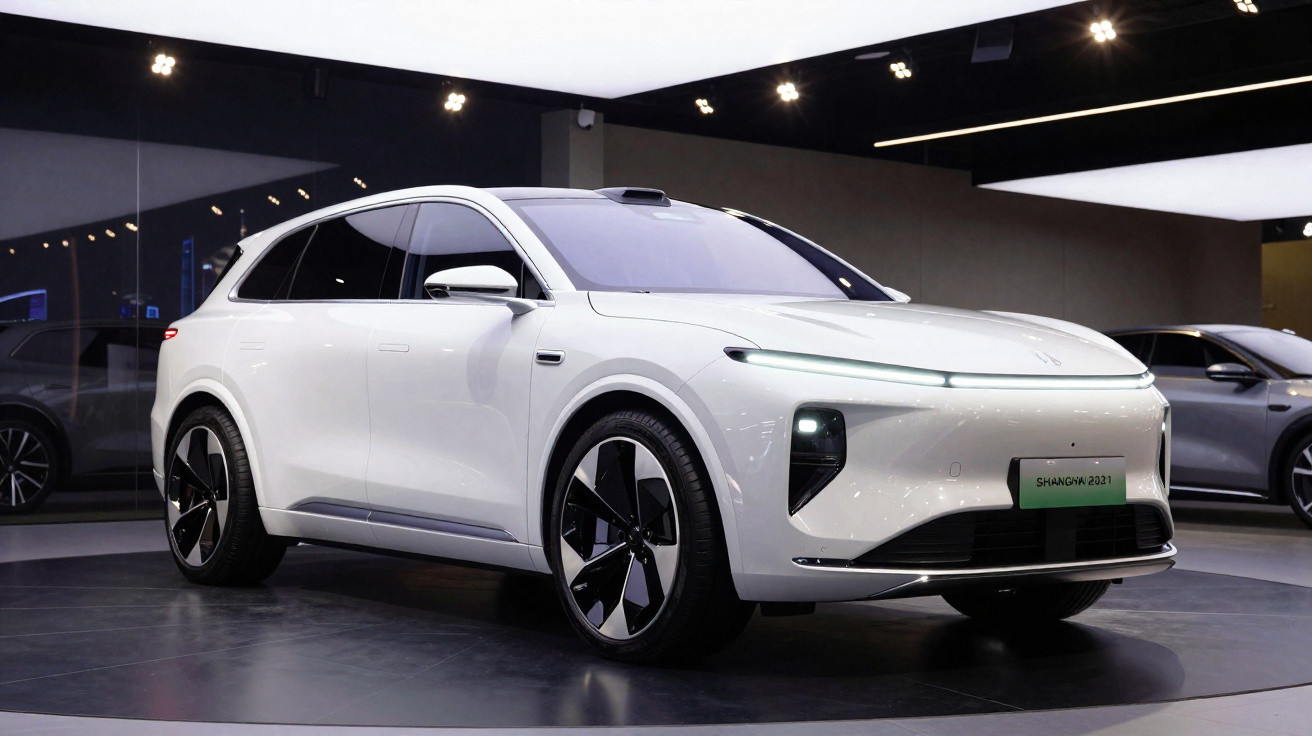 Carro elétrico SUV branco exposto em salão automotivo com design moderno e rodas grandes.