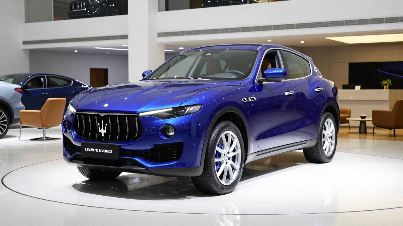 Carro SUV azul Maserati Levante Hybrid exibido em showroom moderno e iluminado.
