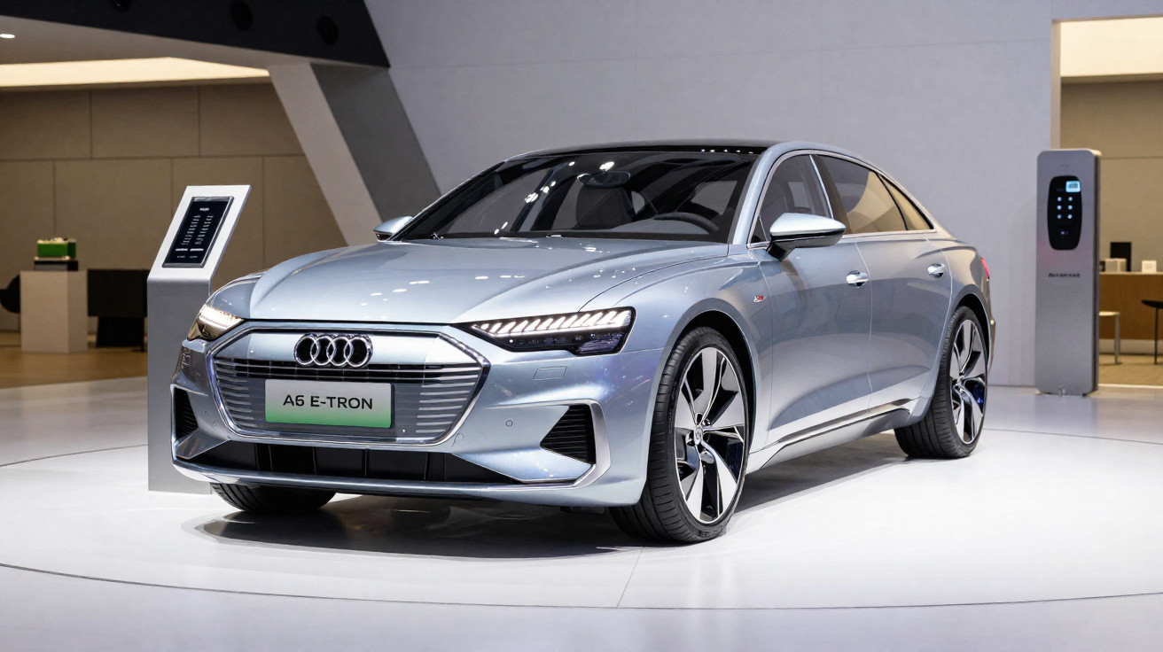 Audi A6 E-Tron prata exposto em salão, com design moderno e carregador elétrico ao lado.