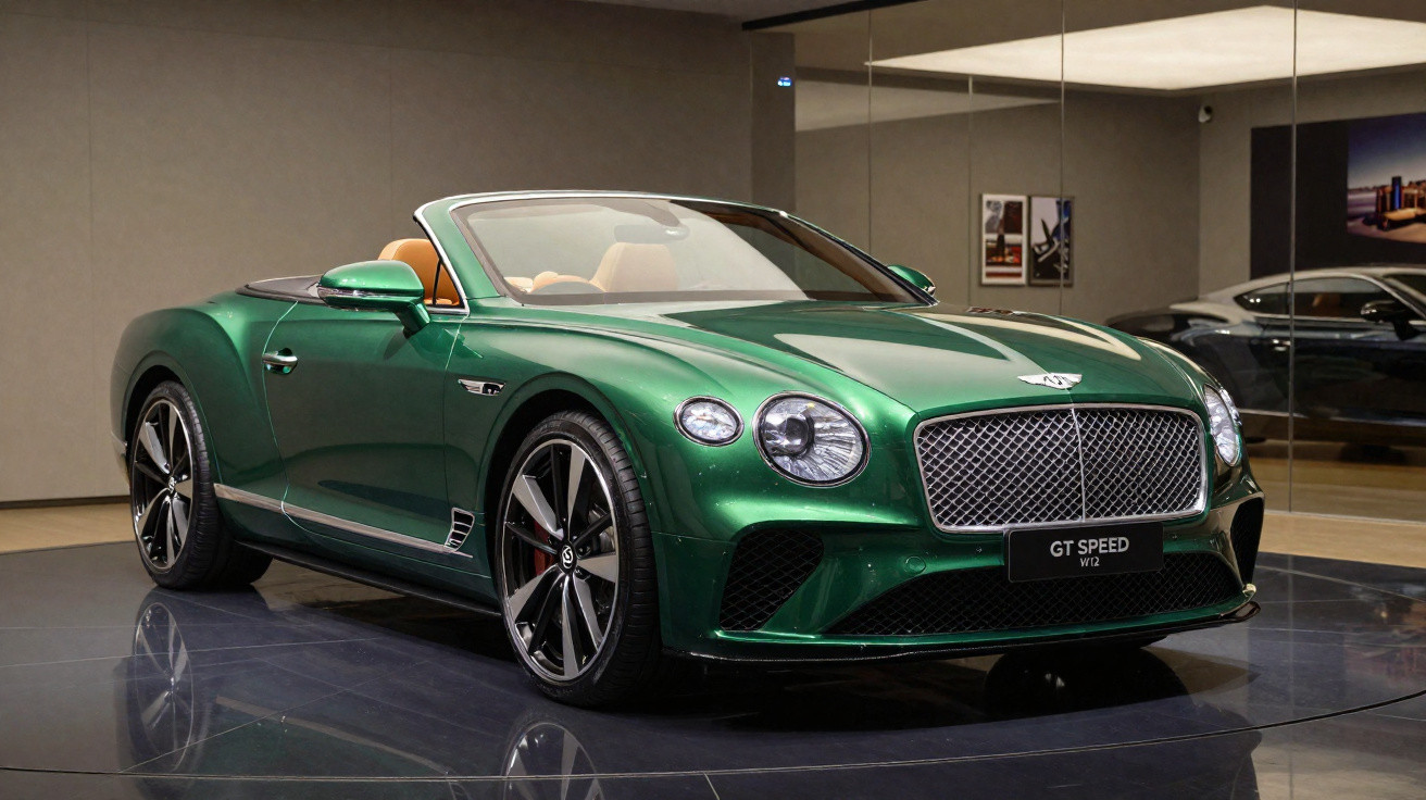 Carro conversível esportivo verde Bentley GT Speed W12 exibido em ambiente interno moderno.