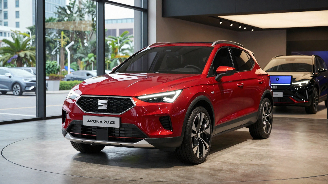 Carro SUV vermelho modelo Arona 2025 exposto em showroom moderno com grandes janelas.