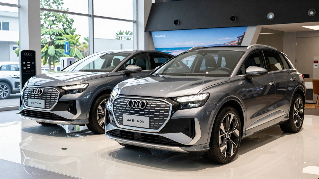 Dois carros elétricos Audi Q4 e-tron cinza expostos em showroom moderno.