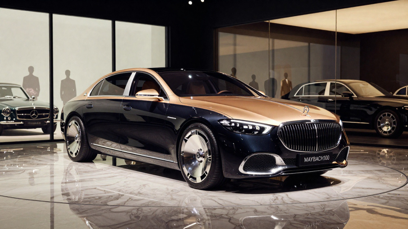 Carro de luxo Mercedes-Maybach 100 preto e dourado em exposição elegante com chão de mármore.