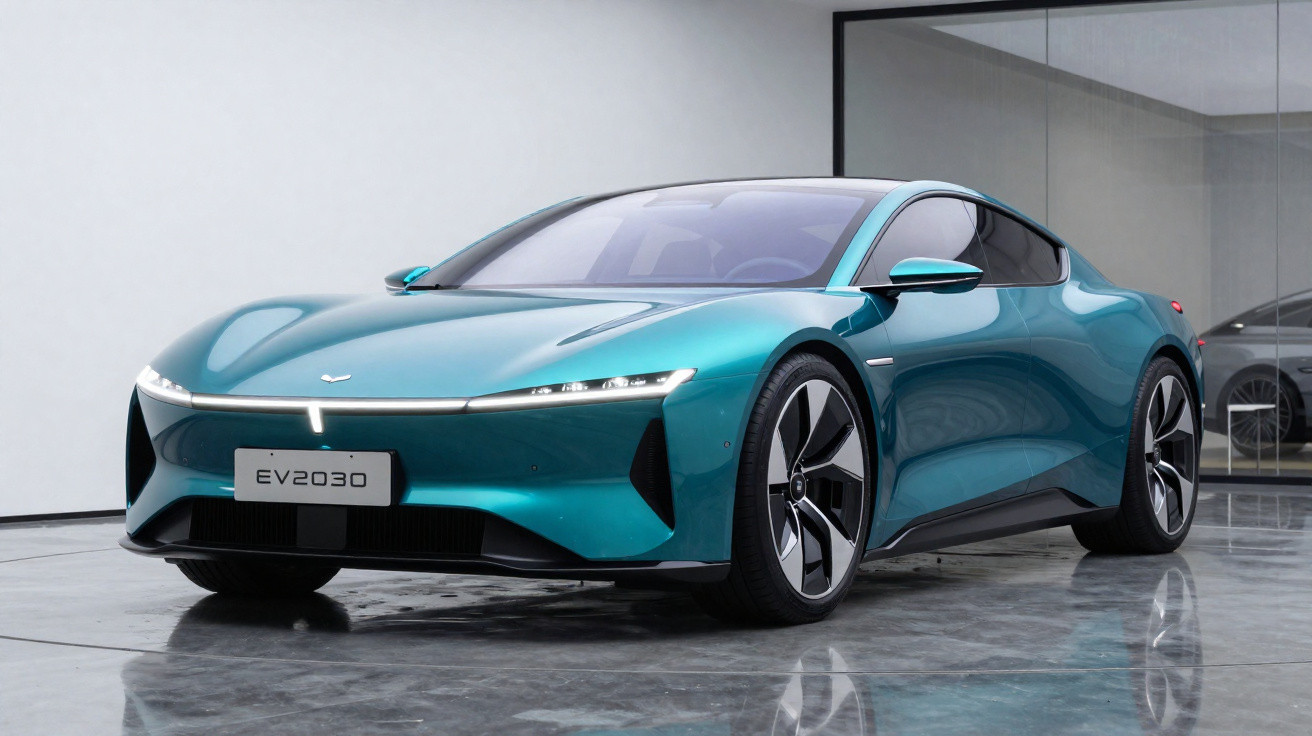 Carro elétrico esportivo azul metálico estacionado em ambiente interno com piso brilhante e paredes claras.