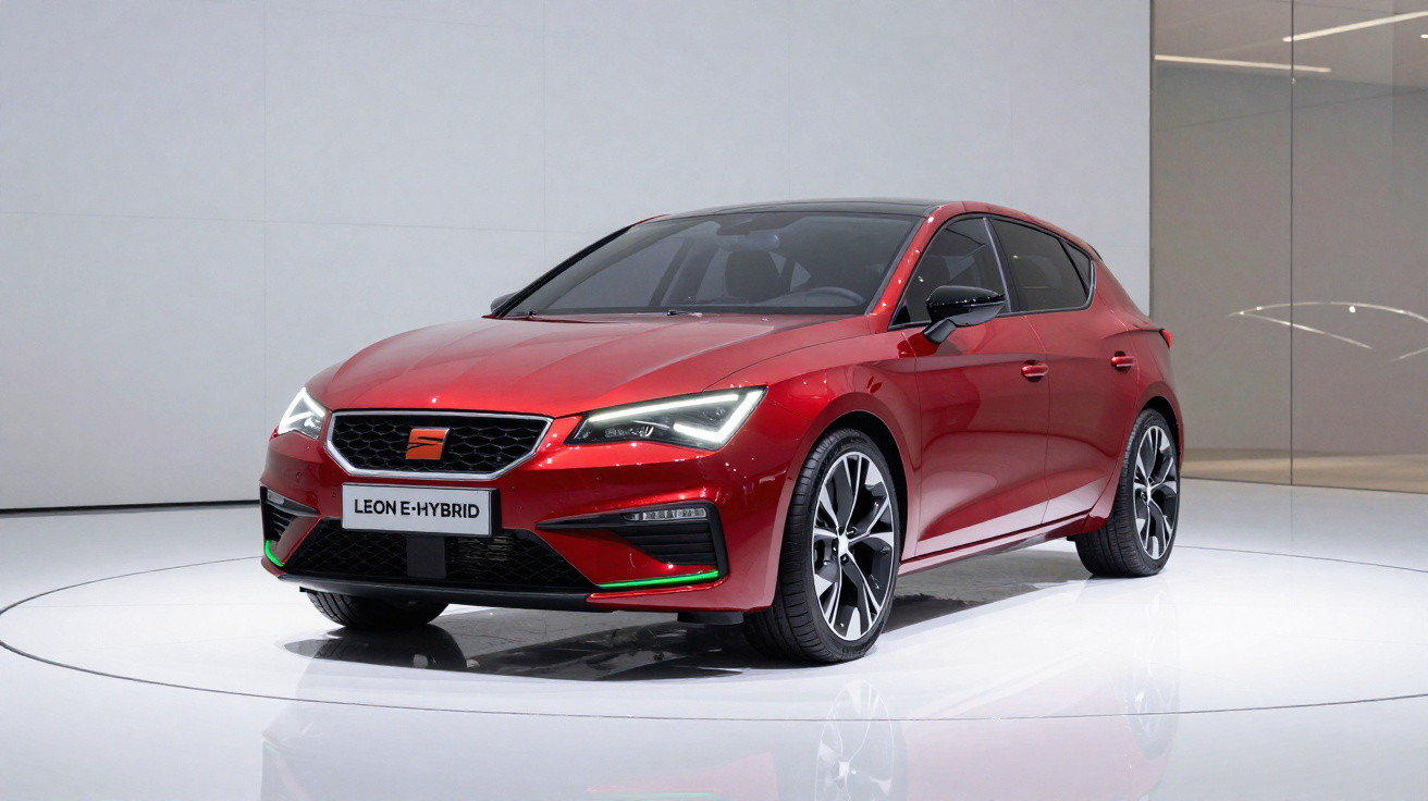 Carro hatchback esportivo vermelho Seat Leon E-Hybrid em exposição sob iluminação branca.