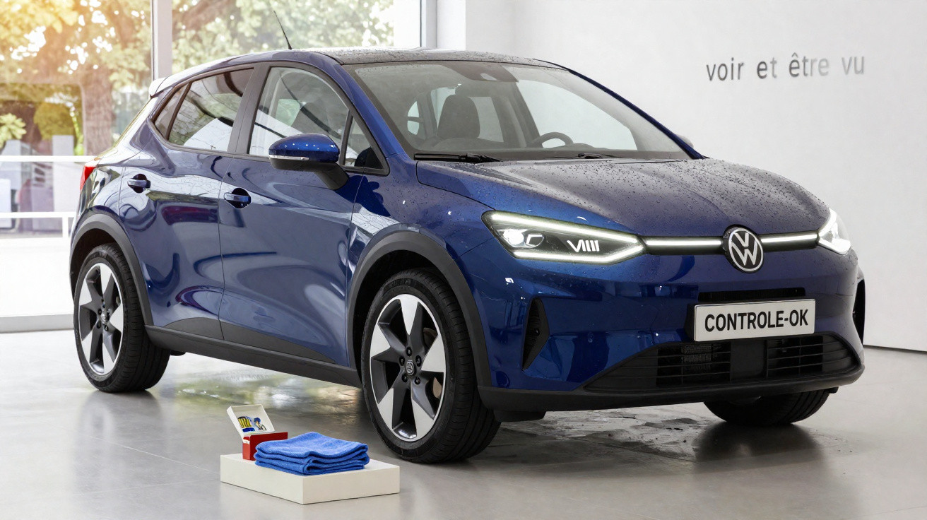 Carro elétrico azul Volkswagen ID.3 em exposição interna com placa de controle e pano azul ao lado.