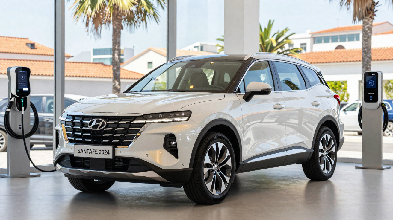 Carro Hyundai Santa Fe 2024 branco estacionado em showroom com estações de carregamento elétrico ao lado.