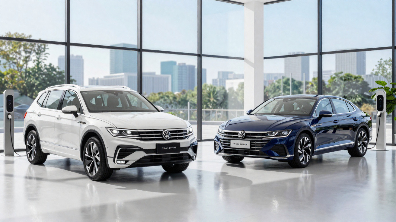 Dois carros elétricos Volkswagen, modelo branco e azul, em showroom com janelas grandes e carregadores elétricos.