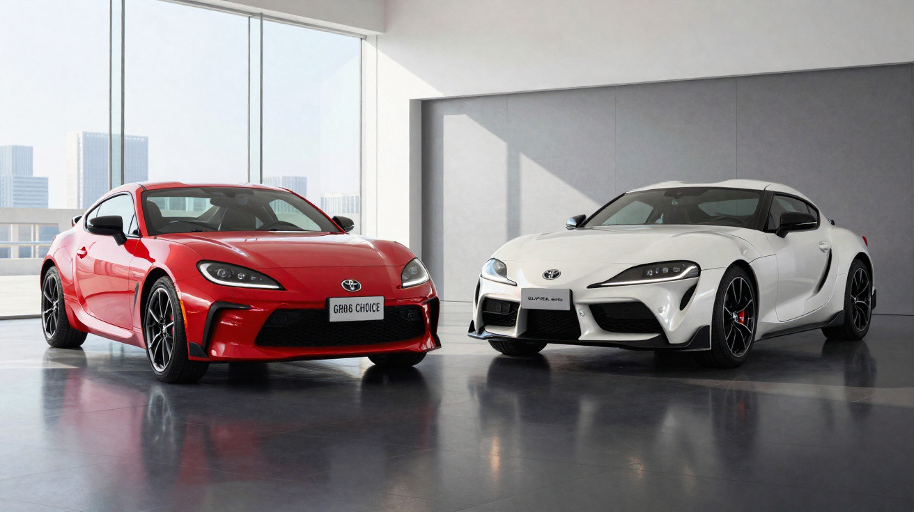 Dois carros esportivos Toyota Supra, um vermelho e um branco, em ambiente interno iluminado por luz natural.