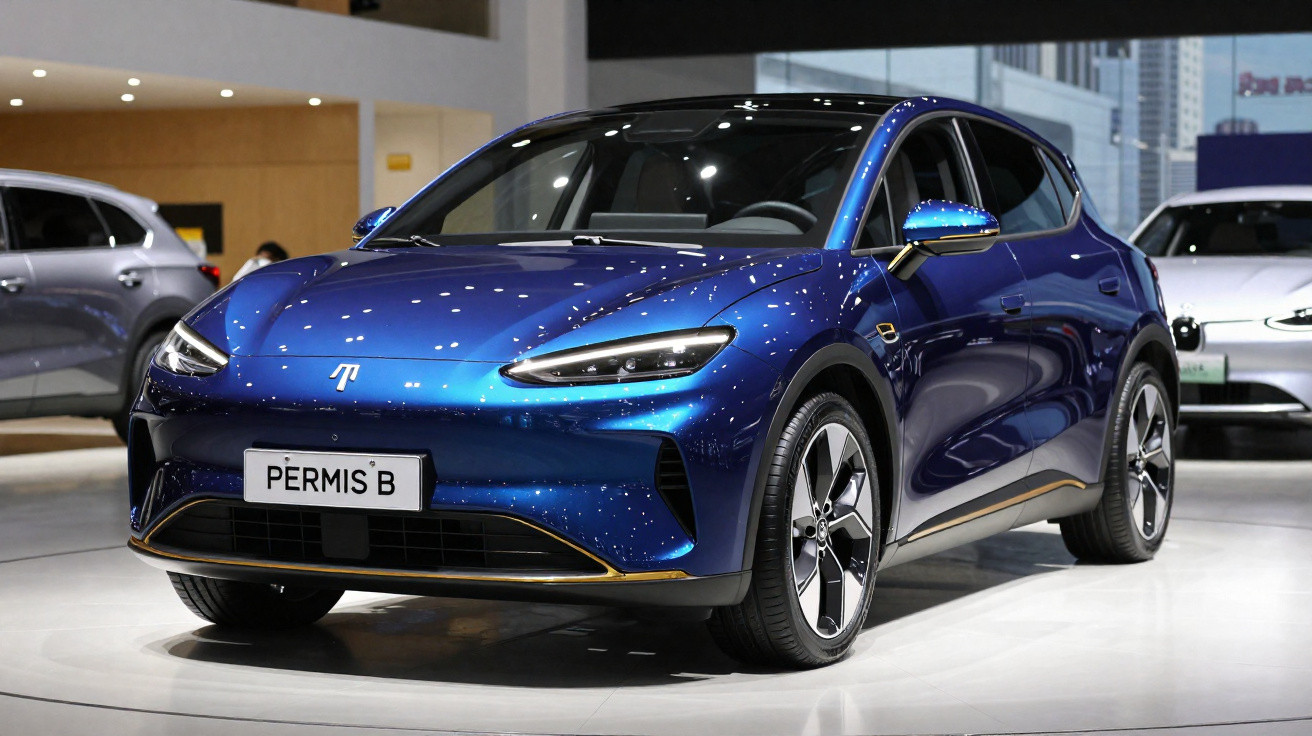 Carro elétrico azul metálico em exposição, com design moderno e placas com escrita "PERMIS B".