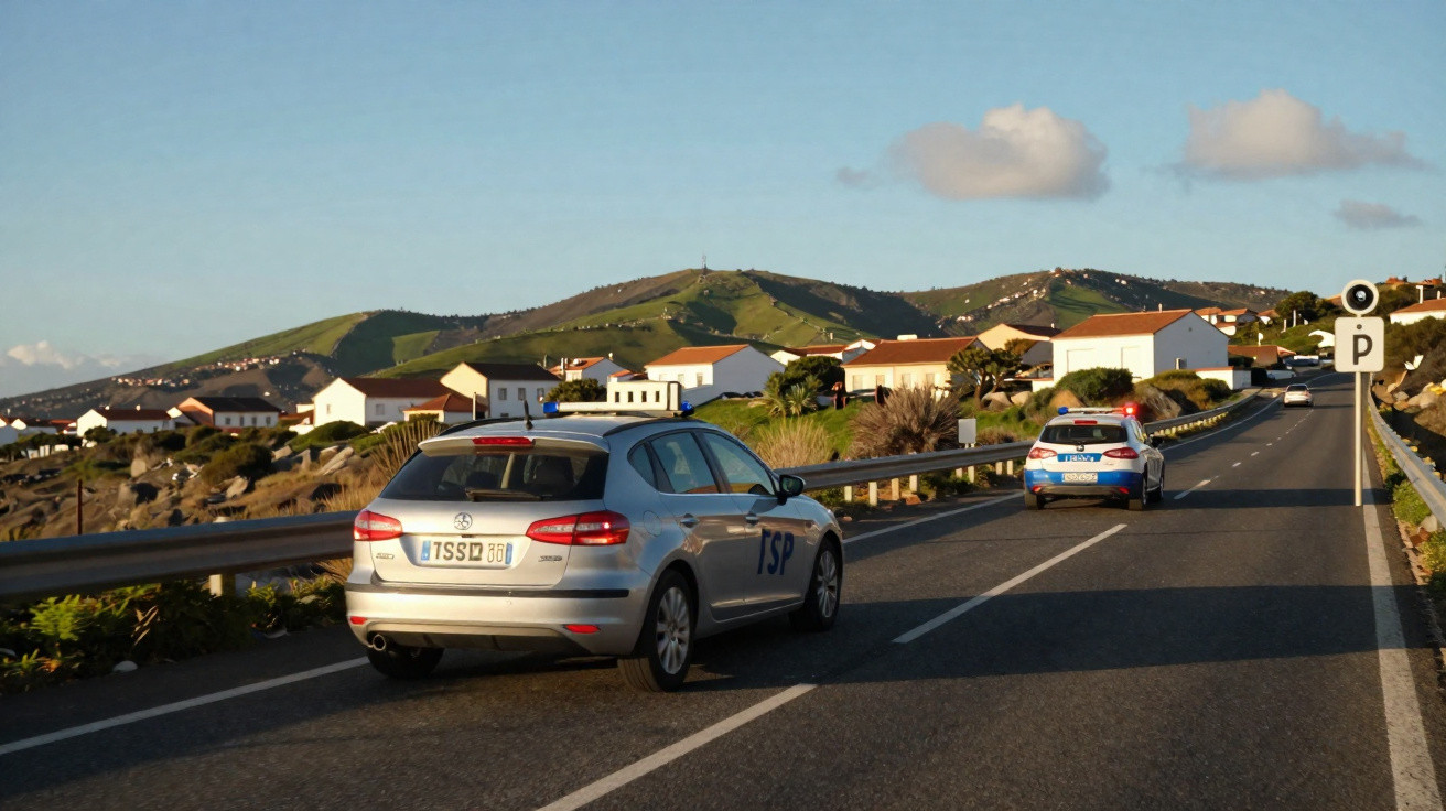 Dois carros da polícia em estrada com casas e colinas ao fundo sob céu azul.