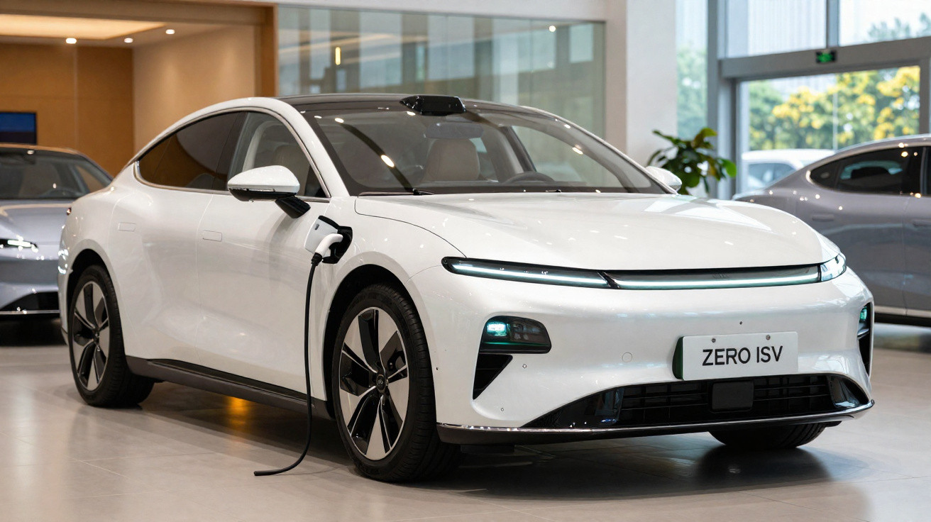Carro elétrico branco estacionado e conectado a um carregador em showroom moderno e iluminado.