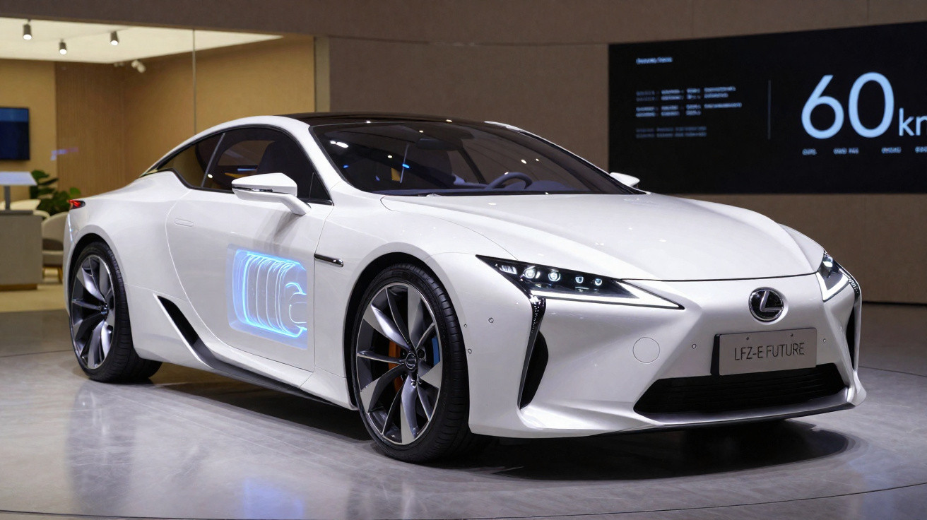 Carro branco esportivo Lexus LF-Z E-Future exposto em ambiente interno moderno.