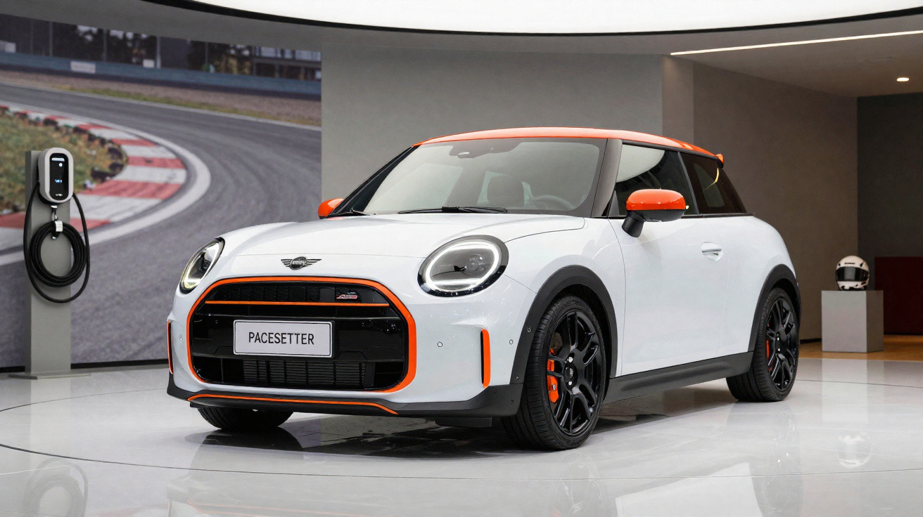 Carro Mini Cooper elétrico branco com detalhes laranja em exposição e carregador ao lado.