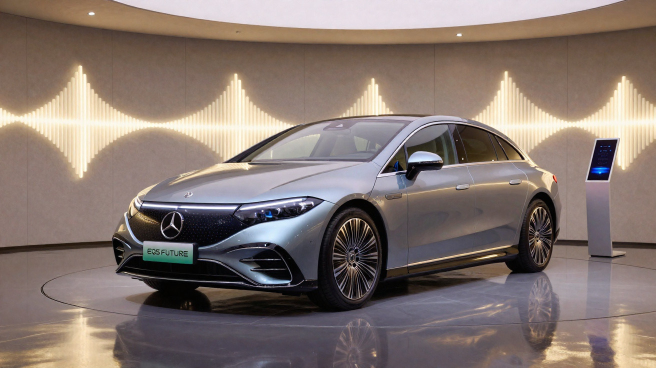 Carro elétrico Mercedes EQS Future prata exibido em ambiente moderno com luzes de LED ao fundo.
