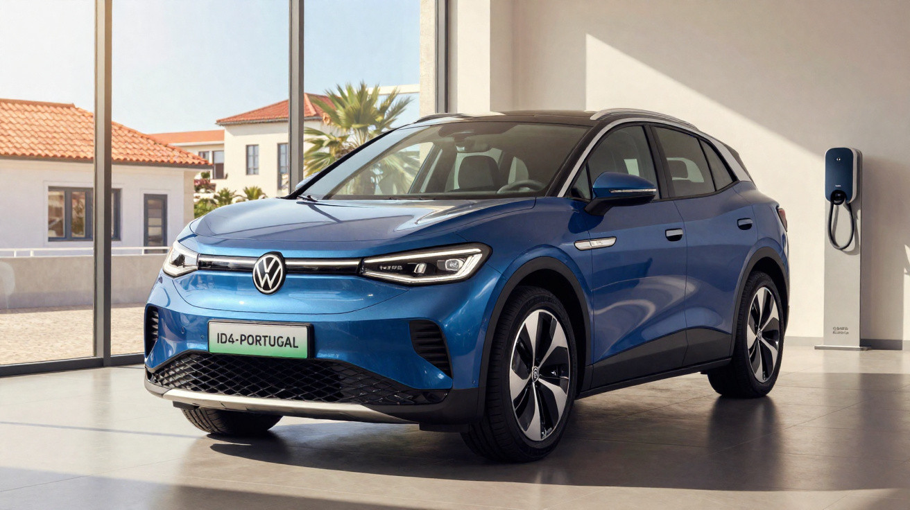 Carro elétrico Volkswagen ID.4 azul estacionado em ambiente interno moderno com carregador ao fundo.