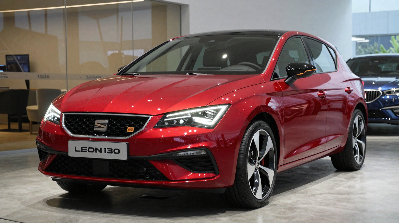 Carro vermelho SEAT León 130 em exposição dentro de showroom moderno, com destaque para design esportivo e rodas aro 18.