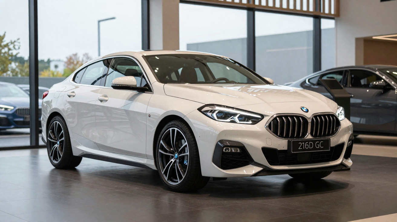 Carro BMW branco em exposição dentro de showroom moderno com piso cinza e iluminação natural.