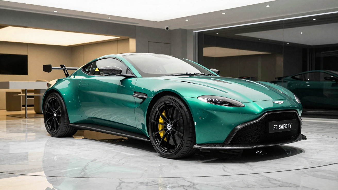 Carro esporte Aston Martin verde com placas "F1 Safety" em showroom moderno e iluminado.