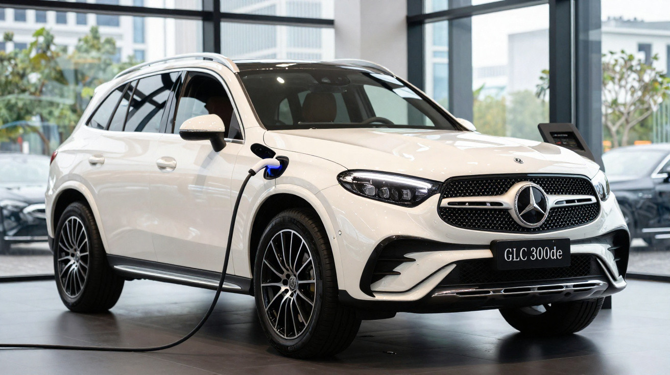 SUV elétrico branco Mercedes-Benz GLC 300de carregando em showroom moderno.