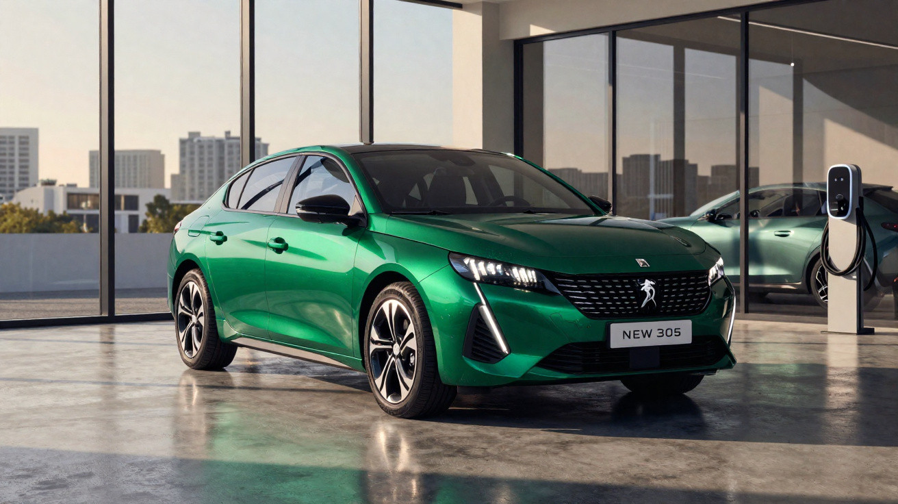 Carro verde Peugeot New 305 estacionado em garagem com parede de vidro e estação de carregamento.