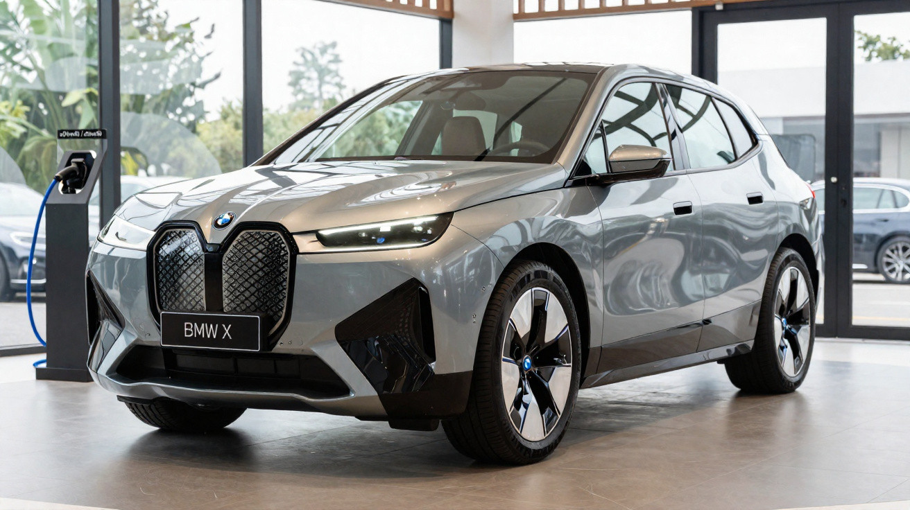Carro elétrico cinza BMW X estacionado em ambiente interno, próximo a ponto de recarga.